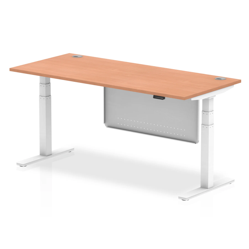 Air 800mm Deep Height Adjustable Desk With Cable Ports & Steel Modesty Panel - Beech - NWOF