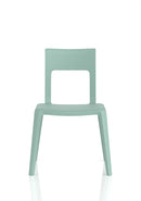 Dynamic Nest Edge stacking cafe and bistro chair with curved metal frame and wooden seat, shown from a side angle.