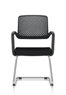 Modern Cosmo Cantilever Chair by Dynamic with sleek metal frame and cushioned fabric seat, shown from a side angle.