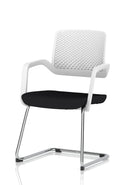 Dynamic Cosmo cantilever chair with sleek black seat and chrome frame, shown from a side angle.