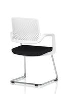 Dynamic Cosmo Cantilever Chair with sleek black upholstery and chrome frame, showcasing modern design and comfortable seating.