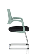Modern Cosmo Cantilever Chair by Dynamic with a sleek black frame and cushioned beige seat, perfect for contemporary office or home use.