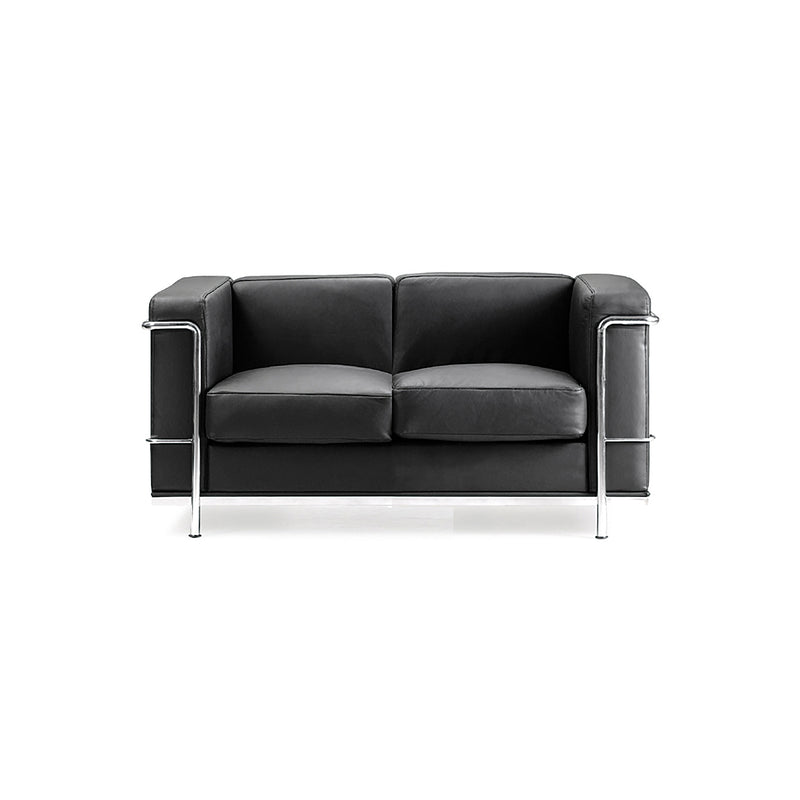 Belmont Contemporary Cubed Leather Faced 2 Seater Reception Sofa With Stainless Steel Frame & Integrated Leg Supports – Black - NWOF
