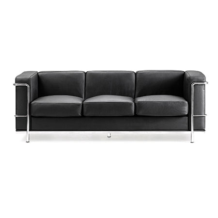 Belmont Contemporary Cubed Leather Faced 3 Seater Reception Sofa With Stainless Steel Frame & Integrated Leg Supports – Black - NWOF