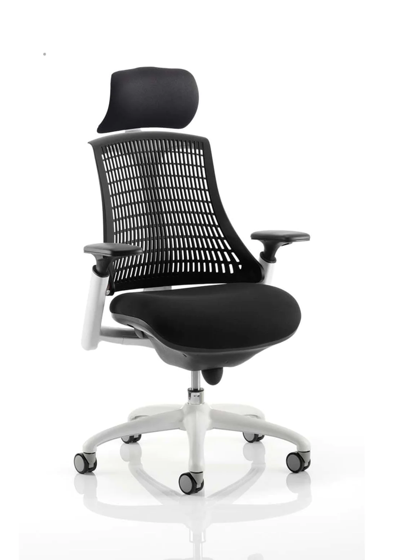 Flex Task Operator Chair White Frame Black Fabric Seat With Black Back With Arms - NWOF