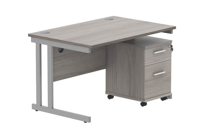 Core Twin Upright Rectangular Desk Bundle With 2 Drawer Pedestal - Alaskan Grey Oak - NWOF