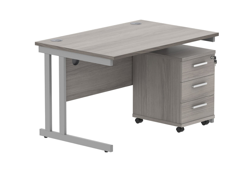 Core Twin Upright Rectangular Desk Bundle With 3 Drawer Pedestal - Alaskan Grey Oak - NWOF