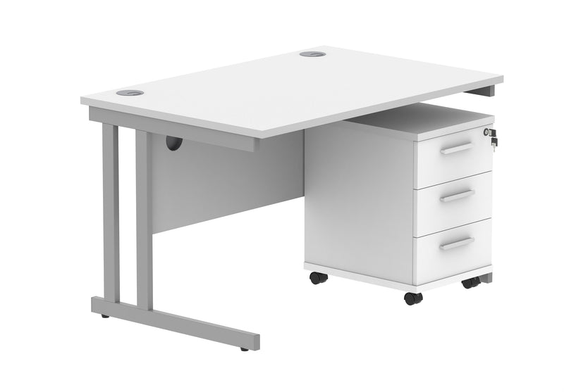 Core Twin Upright Rectangular Desk Bundle With 3 Drawer Pedestal -  Arctic White - NWOF