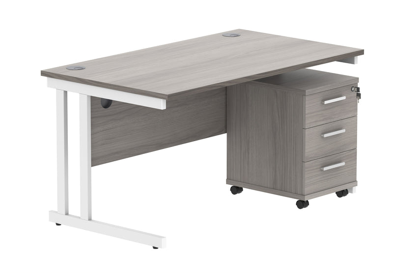 Core Twin Upright Rectangular Desk Bundle With 3 Drawer Pedestal - Alaskan Grey Oak - NWOF