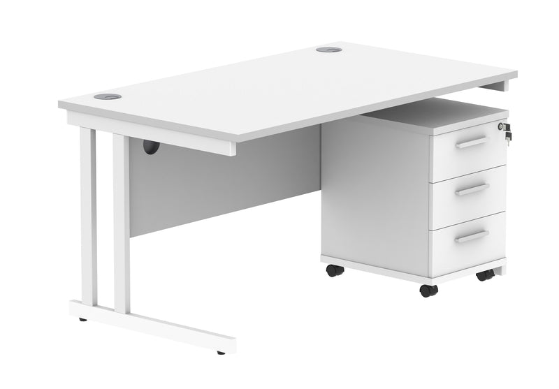 Core Twin Upright Rectangular Desk Bundle With 3 Drawer Pedestal -  Arctic White - NWOF