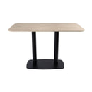 Extrema Premium complete dining table by ZAP with beige travertine tabletop and black Boston base, modern and stylish design.