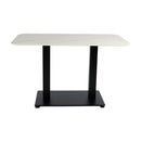 ZAP Extrema Premium dining table with white marble top and Anzio black rectangular base, shown from a side angle.