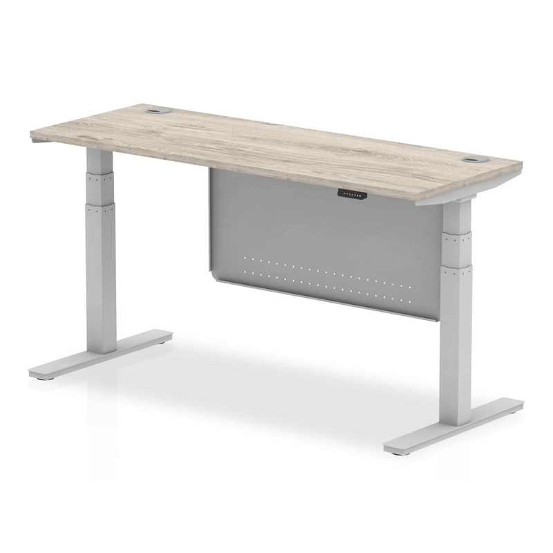 Air 600mm Deep Height Adjustable Desk With Cable Ports & Steel Modesty Panel - Grey Oak - NWOF