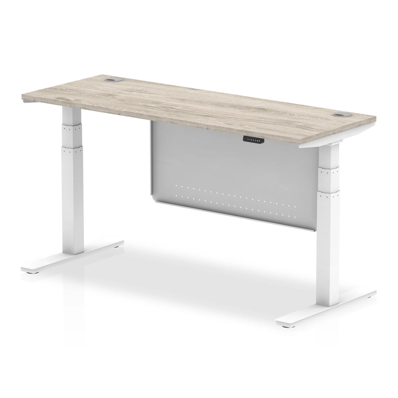 Air 600mm Deep Height Adjustable Desk With Cable Ports & Steel Modesty Panel - Grey Oak - NWOF