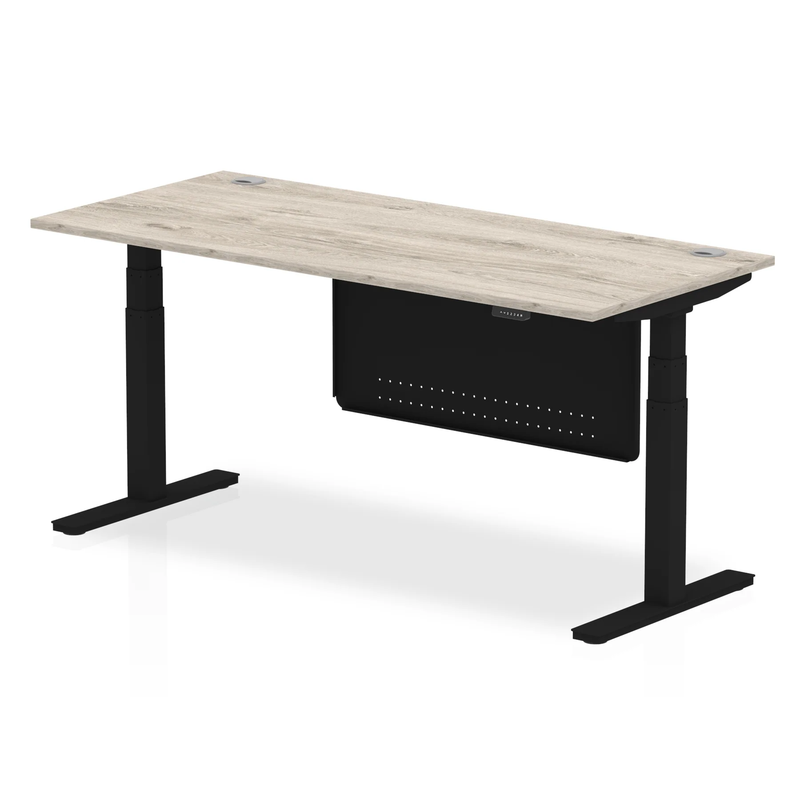 Air 800mm Deep Height Adjustable Desk With Cable Ports & Steel Modesty Panel - Grey Oak - NWOF