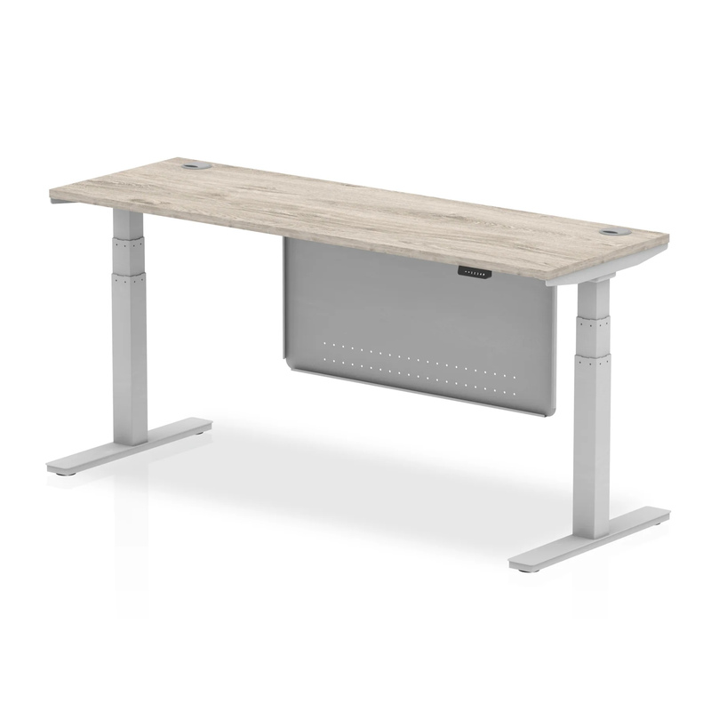 Air 600mm Deep Height Adjustable Desk With Cable Ports & Steel Modesty Panel - Grey Oak - NWOF