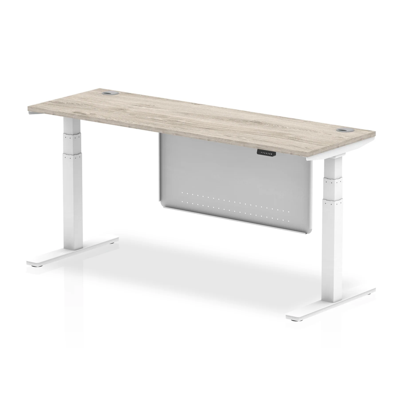 Air 600mm Deep Height Adjustable Desk With Cable Ports & Steel Modesty Panel - Grey Oak - NWOF