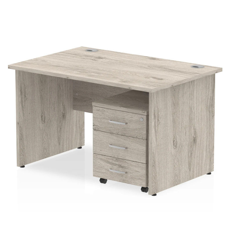 Impulse Panel End Straight Desk With 3 Drawer Mobile Pedestal - Grey Oak - NWOF