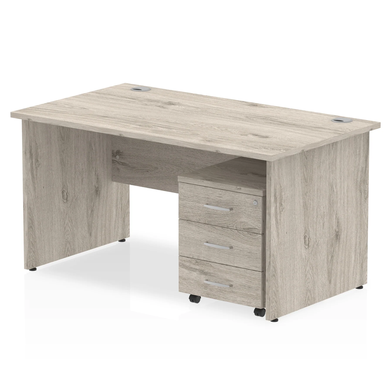 Impulse Panel End Straight Desk With 3 Drawer Mobile Pedestal - Grey Oak - NWOF