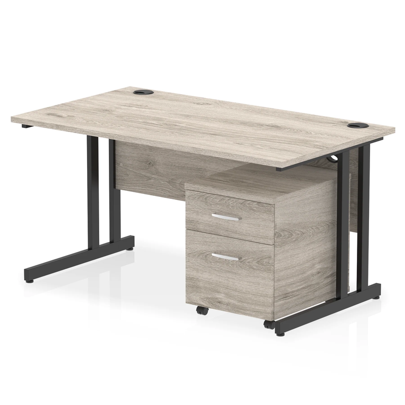 Impulse Cantilever Straight Desk With 2 Drawer Mobile Pedestal - Grey Oak