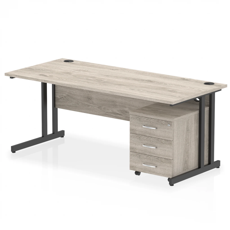 Impulse Cantilever Straight Desk With 3 Drawer Mobile Pedestal - Grey Oak - NWOF