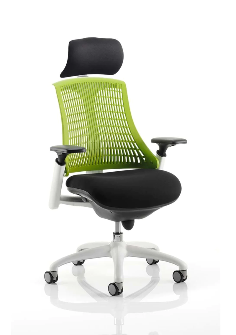 Flex Task Operator Chair White Frame Black Fabric Seat With Green Back With Arms - NWOF