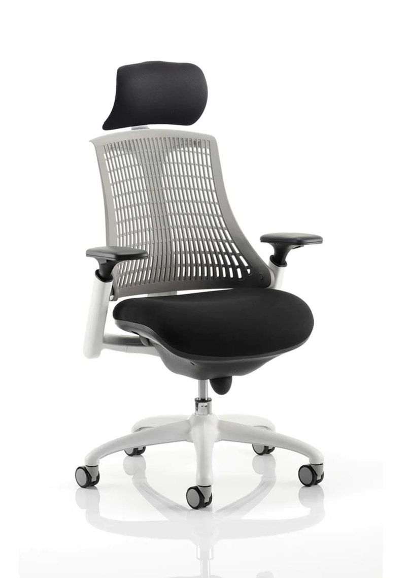 Flex Task Operator Chair White Frame Black Fabric Seat With Grey Back With Arms - NWOF