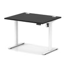 Black Air Lite height adjustable desk by Dynamic with cable ports, featuring a modern design and ergonomic height settings.
