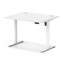 Dynamic Air Lite height adjustable desk in white with cable ports, featuring a sleek modern design for ergonomic workspace setup.