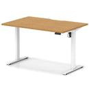 Dynamic Air Lite height adjustable desk with scalloped edge in oak finish, showing sleek wood surface and ergonomic design.
