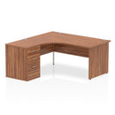 Dynamic Impulse Panel End Leg Crescent Desk with 600mm deep desk and high walnut pedestal bundle, showing desk and storage units.