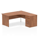 Dynamic Impulse Panel End Leg Crescent Desk with Walnut finish and 600mm deep high pedestal bundle, showcasing sleek office furniture.