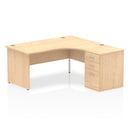 Dynamic Impulse Panel End Leg Crescent Desk with 600mm deep high pedestal bundle in maple showing the desk and pedestal arrangement.