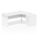White crescent desk with impulse panel end leg and 600mm deep high pedestal bundle by Dynamic, showing the desk and storage units.
