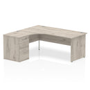 Grey oak Impulse Panel End Leg Crescent Desk with 600mm deep high pedestal bundle by Dynamic, showing desk with pedestal and leg details.