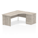 Gray oak Impulse Panel End Leg Crescent Desk with 600mm deep desk and high pedestal bundle by Dynamic
