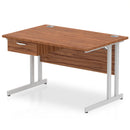 Dynamic Impulse cantilever straight desk with one drawer pedestal in walnut wood, showing the clean, modern workspace design.
