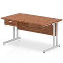 Dynamic Impulse cantilever straight desk with single drawer, walnut finish, featuring a fixed pedestal and modern office design.