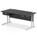 Black Impulse cantilever straight desk by Dynamic with two fixed pedestals and one drawer, showcasing a modern office workspace.