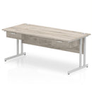 Grey oak Impulse cantilever straight desk by Dynamic with two fixed pedestals and one drawer on each side.