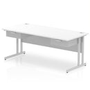 White Impulse cantilever straight desk by Dynamic with two fixed pedestals and one drawer, shown from an angled side view.