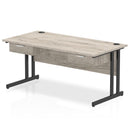 Grey oak Impulse cantilever straight desk by Dynamic with two fixed pedestals and one drawer, showcasing a modern office workspace.