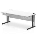 White Impulse cantilever straight desk by Dynamic with two one-drawer fixed pedestals, showcasing a modern office workspace.