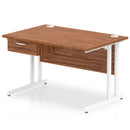 Dynamic Impulse cantilever straight desk with walnut finish and single drawer pedestal, showcasing a modern office workspace setup.