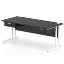 Black Impulse cantilever straight desk by Dynamic with two fixed pedestals and one drawer, showing a sleek modern office workspace.