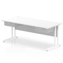 White Impulse cantilever straight desk by Dynamic with two fixed pedestals and one drawer for organized workspace.
