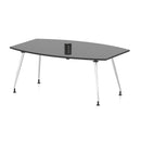 Black high gloss Volta writable boardroom table by Dynamic with pop-up power module, showcasing sleek, modern conference furniture.
