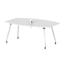 White high gloss Volta writable boardroom table by Dynamic with pop-up power module, showcasing a sleek, modern conference table design.