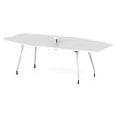 High gloss white Volta writable boardroom table by Dynamic with pop-up power module, showing a sleek, modern office conference setup.