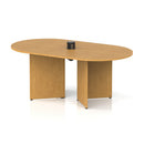 Dynamic Impulse Volta boardroom table with oak finish and arrowhead legs, featuring pop-up power module for meetings and workspace.